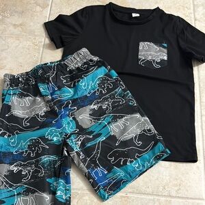 Boys Black Rash Guard Set with Teal Dinosaur Swim Shorts